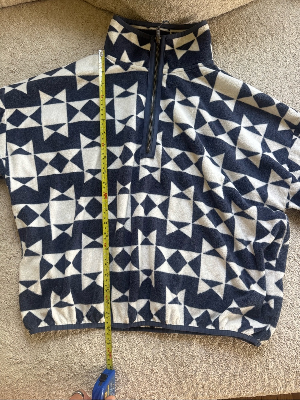 THE GREAT. Navy and White Geometric Half-Zip Fleece Sweater - Picture 8 of 9